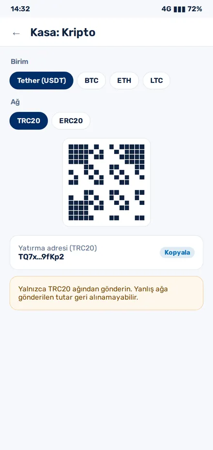 1xBet Android uygulaması kasa ekranında kripto yatırma, ağ seçimi ve QR kod